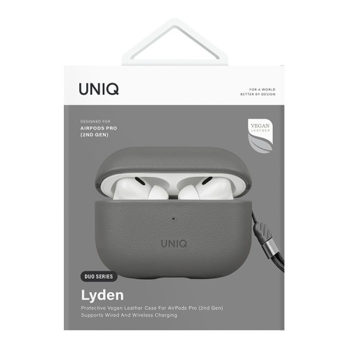Uniq для Airpods Pro 2 чехол Lyden DS Leatherette with handstrap Rhino Grey/Black