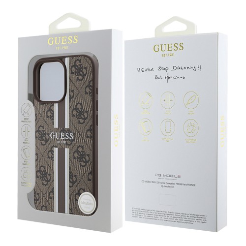Guess для iPhone 16 Pro Max чехол PU кожа 4G Stripes Brown (MagSafe)