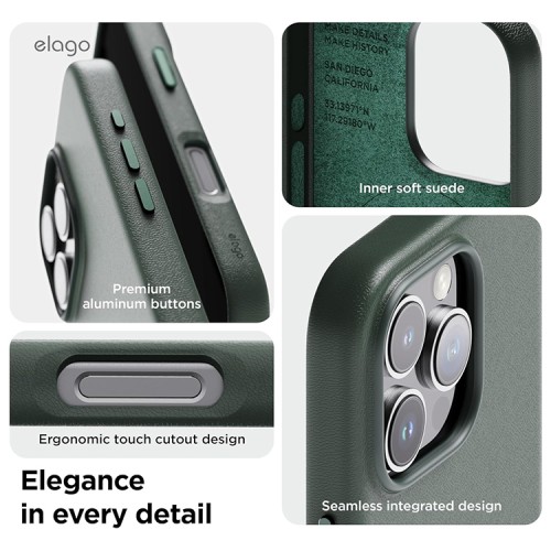 Elago для iPhone 16 Pro Max чехол PU Leather Midnight Green (MagSafe)