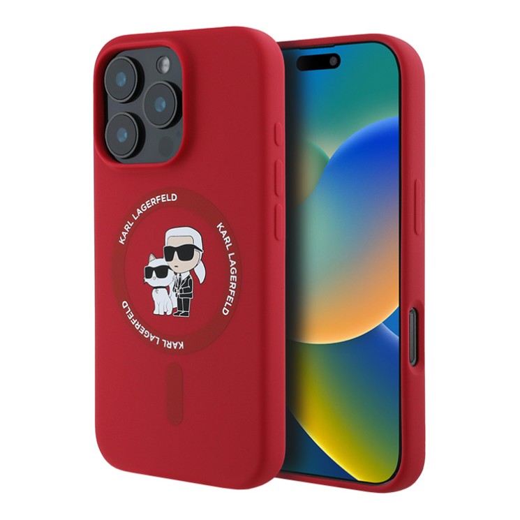 Karl Lagerfeld для iPhone 16 Pro чехол Liquid Silicone NFT Karl & Choupette Hard Red (MagSafe)