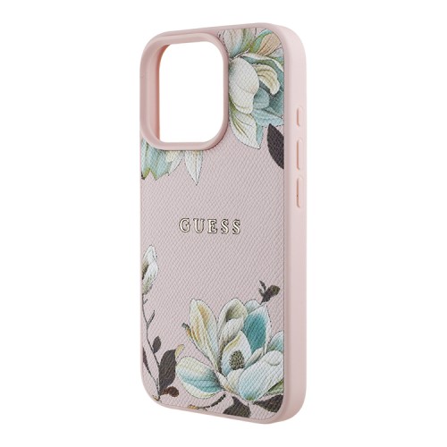 Guess для iPhone 15 Pro Max чехол PU Grained leather Flowers Metal logo Hard Pink (MagSafe)