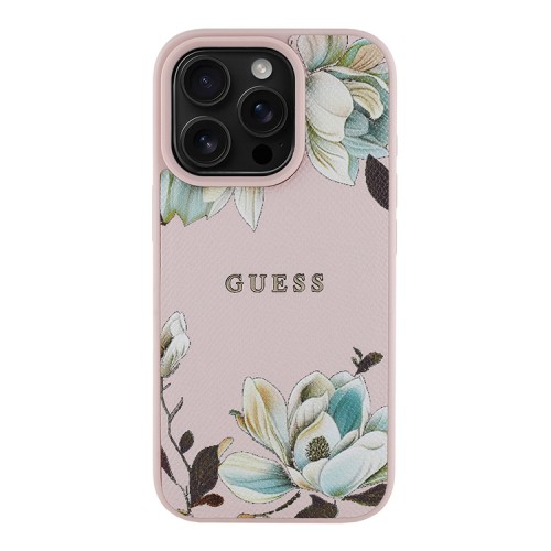Guess для iPhone 15 Pro Max чехол PU Grained leather Flowers Metal logo Hard Pink (MagSafe)