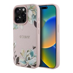 Guess для iPhone 15 Pro Max чехол PU Grained leather Flowers Metal logo Hard Pink (MagSafe)