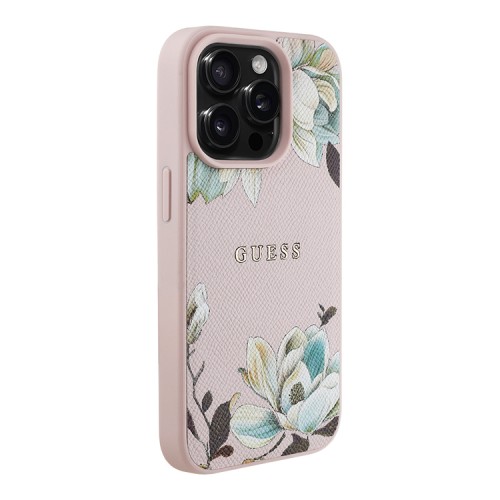 Guess для iPhone 15 Pro Max чехол PU Grained leather Flowers Metal logo Hard Pink (MagSafe)
