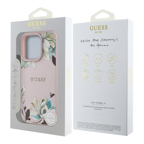 Guess для iPhone 15 Pro Max чехол PU Grained leather Flowers Metal logo Hard Pink (MagSafe)