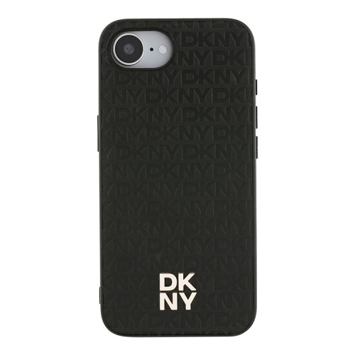 DKNY для iPhone 16e чехол PU Repeat Stack metal logo Hard Black (MagSafe)