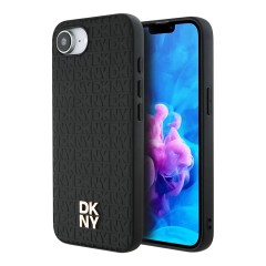 DKNY для iPhone 16e чехол PU Repeat Stack metal logo Hard Black (MagSafe)