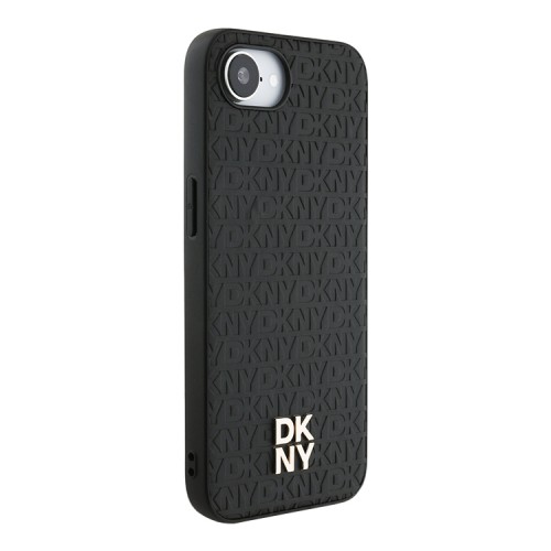 DKNY для iPhone 16e чехол PU Repeat Stack metal logo Hard Black (MagSafe)