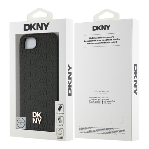 DKNY для iPhone 16e чехол PU Repeat Stack metal logo Hard Black (MagSafe)