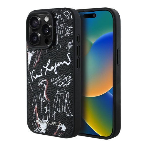 Karl Lagerfeld для iPhone 15 Pro Max чехол PU-кожа зернистая Sketch Black (MagSafe)