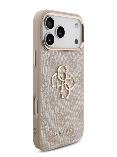 Guess для iPhone 17 Pro чехол PU 4G Big metal logo Gold camera Hard Pink