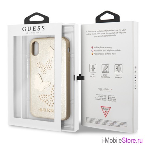 Чехол Guess Studs & Sparkles Hard Butterflies для iPhone X/XS, бежевый