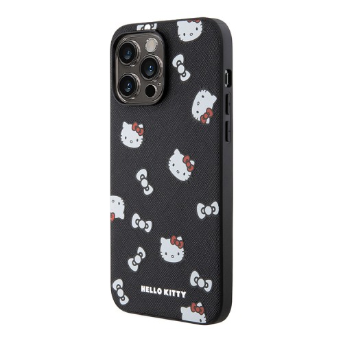 Hello Kitty для iPhone 14 Pro Max чехол PU Saffiano Heads and Bows + Hand strap Hard Black/Red