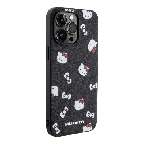 Hello Kitty для iPhone 14 Pro Max чехол PU Saffiano Heads and Bows + Hand strap Hard Black/Red