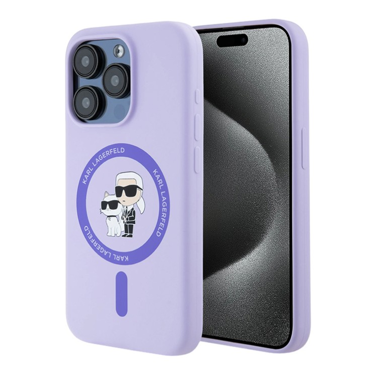 Karl Lagerfeld для iPhone 15 Pro Max чехол Liquid Silicone NFT Karl & Choupette Body Purple (MagSafe)