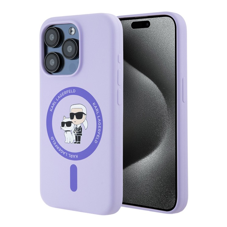 Karl Lagerfeld для iPhone 15 Pro Max чехол Liquid Silicone NFT Karl & Choupette Body Purple (MagSafe)