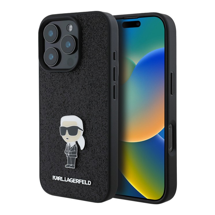 Karl Lagerfeld для iPhone 16 Pro чехол Fixed glitters NFT Karl Ikonik Metal pin Hard Black