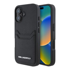 Karl Lagerfeld для iPhone 16 чехол Cardslot PU Grained leather Metal Long logo Hard Black