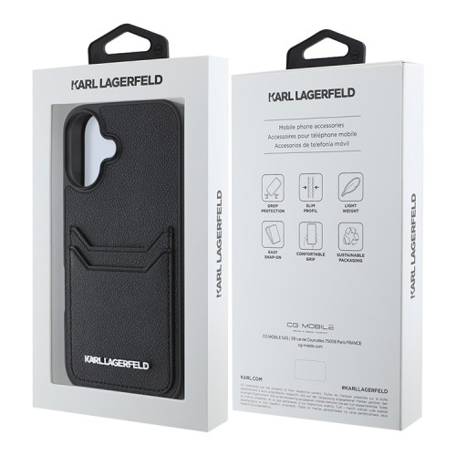 Karl Lagerfeld для iPhone 16 чехол Cardslot PU Grained leather Metal Long logo Hard Black