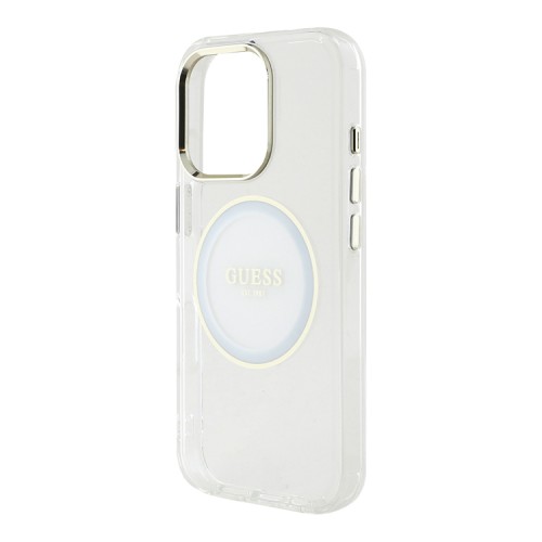 Guess для iPhone 16 Pro Max чехол PC/TPU Middle Colored Ring Metal Cam Hard Transp/White (MagSafe)