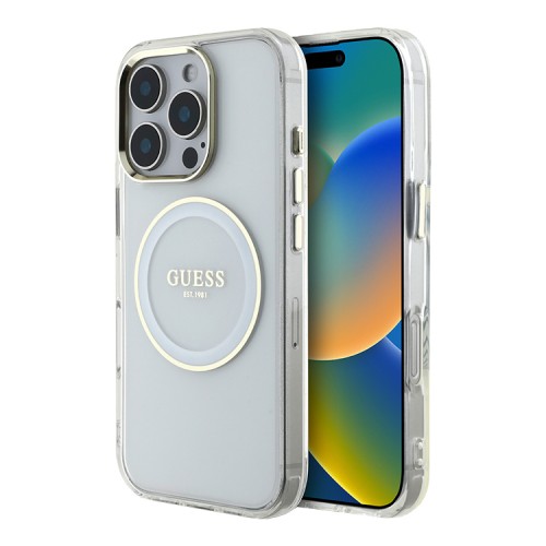 Guess для iPhone 16 Pro Max чехол PC/TPU Middle Colored Ring Metal Cam Hard Transp/White (MagSafe)