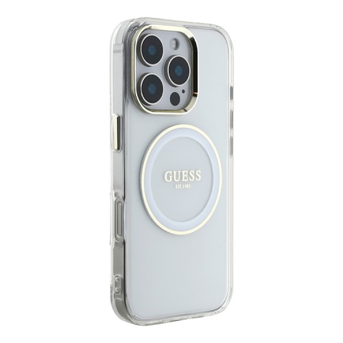 Guess для iPhone 16 Pro Max чехол PC/TPU Middle Colored Ring Metal Cam Hard Transp/White (MagSafe)