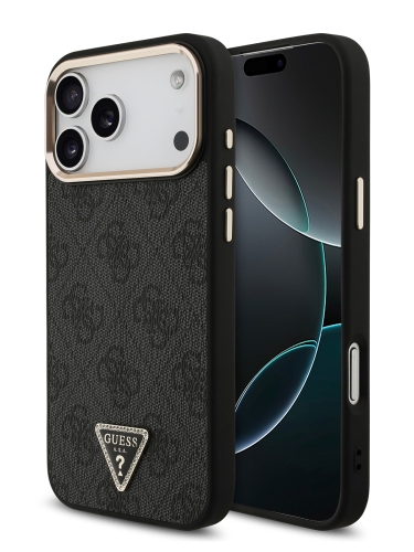 Guess для iPhone 17 Pro чехол PU 4G Triangle Diamond metal logo Gold camera Hard Black (MagSafe)