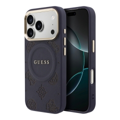 Guess для iPhone 17 Pro чехол PU Saffiano Peony Metal logo Gold camera Hard Blue (MagSafe)