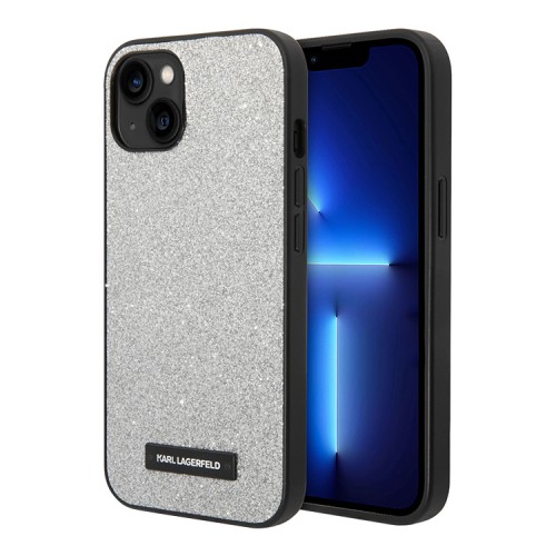 Чехол Lagerfeld Solid glitter Plaque logo Hard для iPhone 14 Plus, серебристый