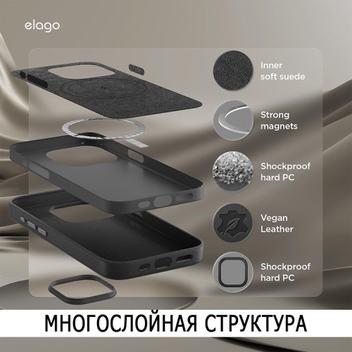 Elago для iPhone 15 Pro чехол PU Leather Black (MagSafe)