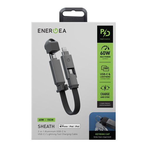Energea Кабель Sheath 2-in-1 USB-C to C+Lighning MFI 60W 480 Mbps Gun 15cm