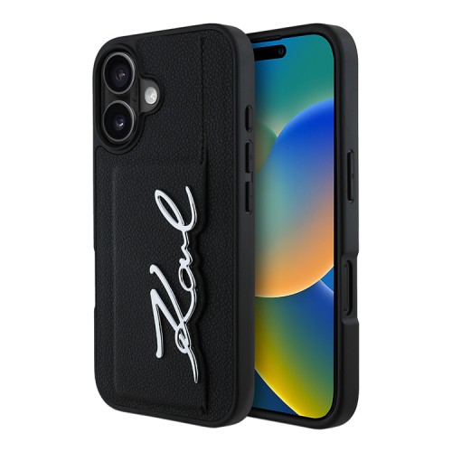 Karl Lagerfeld для iPhone 16 чехол Cardslot PU Grained leather Metal Signature Hard Black
