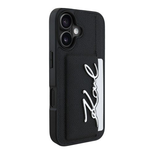 Karl Lagerfeld для iPhone 16 чехол Cardslot PU Grained leather Metal Signature Hard Black