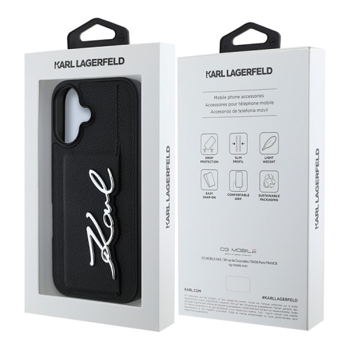 Karl Lagerfeld для iPhone 16 чехол Cardslot PU Grained leather Metal Signature Hard Black