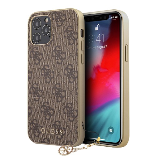 Guess кожаный чехол с узором 4G и подвеской Charms Hard для iPhone 12 Pro Max, коричневый