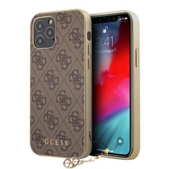 Guess кожаный чехол с узором 4G и подвеской Charms Hard для iPhone 12 Pro Max, коричневый