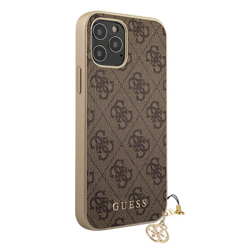 Guess кожаный чехол с узором 4G и подвеской Charms Hard для iPhone 12 Pro Max, коричневый