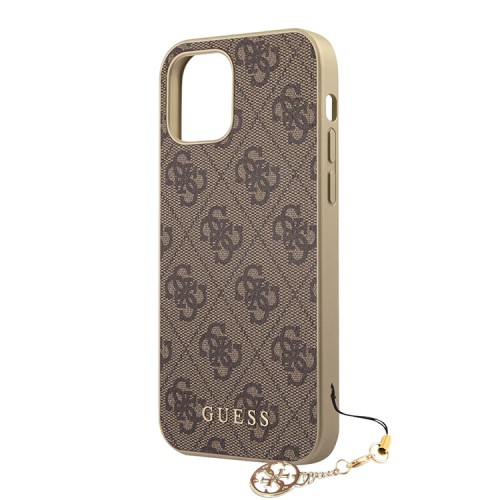Guess кожаный чехол с узором 4G и подвеской Charms Hard для iPhone 12 Pro Max, коричневый