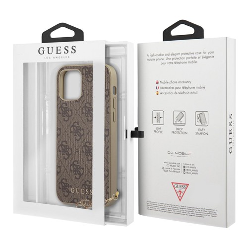 Guess кожаный чехол с узором 4G и подвеской Charms Hard для iPhone 12 Pro Max, коричневый