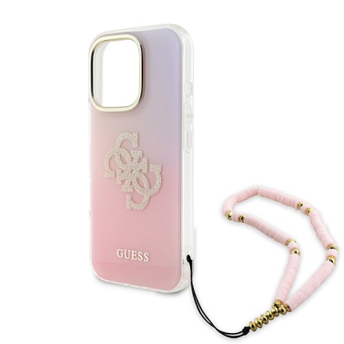 Guess для iPhone 16 Pro Max чехол PC/TPU Peony glitter + Beads Hand Strap Hard Iridescent Pink