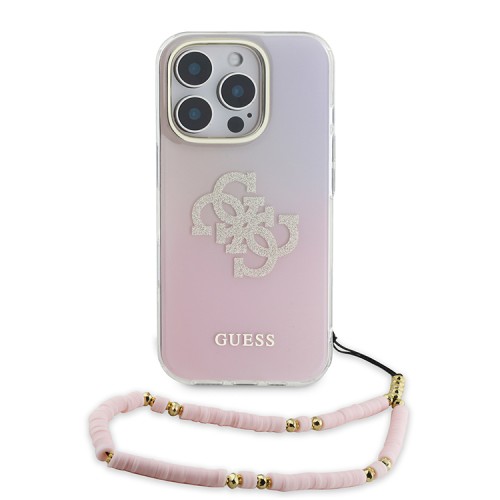 Guess для iPhone 16 Pro Max чехол PC/TPU Peony glitter + Beads Hand Strap Hard Iridescent Pink