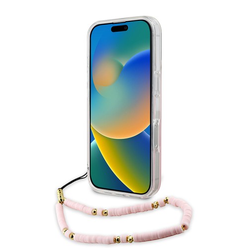 Guess для iPhone 16 Pro Max чехол PC/TPU Peony glitter + Beads Hand Strap Hard Iridescent Pink