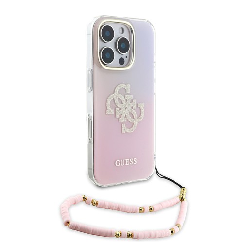 Guess для iPhone 16 Pro Max чехол PC/TPU Peony glitter + Beads Hand Strap Hard Iridescent Pink