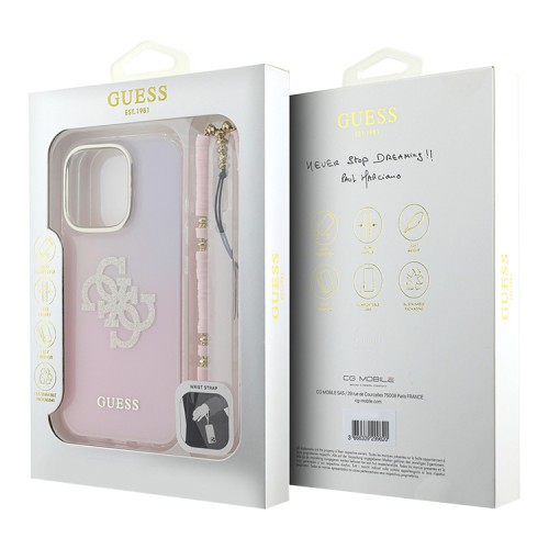 Guess для iPhone 16 Pro Max чехол PC/TPU Peony glitter + Beads Hand Strap Hard Iridescent Pink