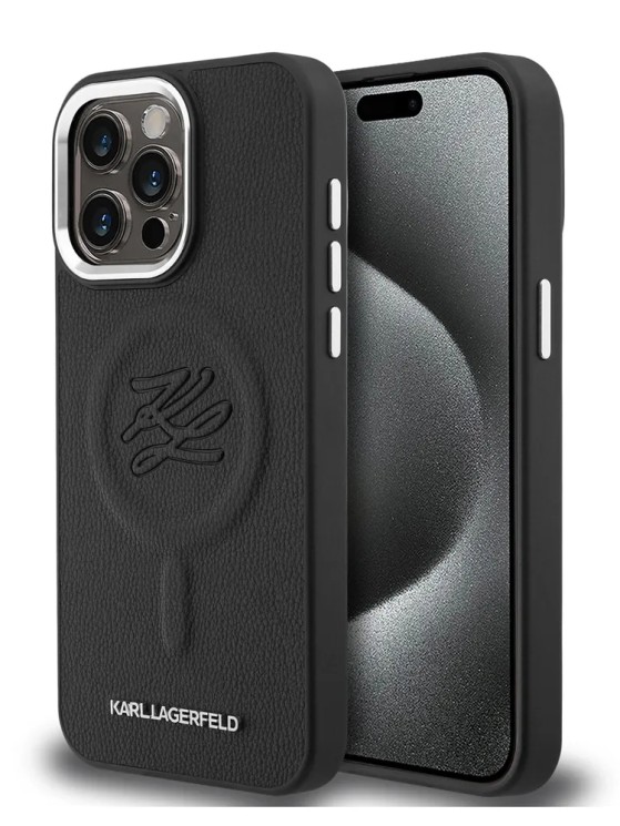 Karl Lagerfeld для iPhone 15 Pro Max чехол PU-кожа Initials & Metal logo Hard Black (MagSafe)