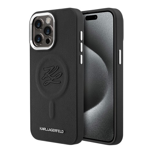 Karl Lagerfeld для iPhone 15 Pro Max чехол PU-кожа Initials & Metal logo Hard Black (MagSafe)