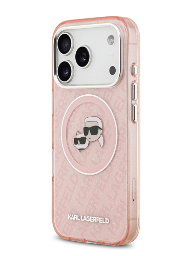 Karl Lagerfeld для iPhone 17 Pro чехол IML NFT Karl&Choup Head on logo Metal Cam Hard Pink (MagSafe)