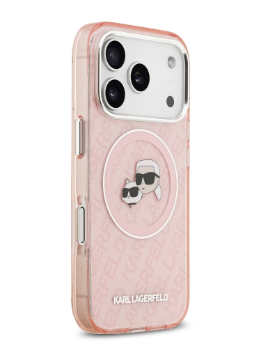 Karl Lagerfeld для iPhone 17 Pro чехол IML NFT Karl&Choup Head on logo Metal Cam Hard Pink (MagSafe)