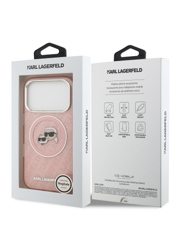 Karl Lagerfeld для iPhone 17 Pro чехол IML NFT Karl&Choup Head on logo Metal Cam Hard Pink (MagSafe)