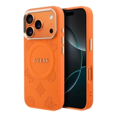 Guess для iPhone 17 Pro чехол PU Saffiano Peony Metal logo Gold camera Hard Orange (MagSafe)